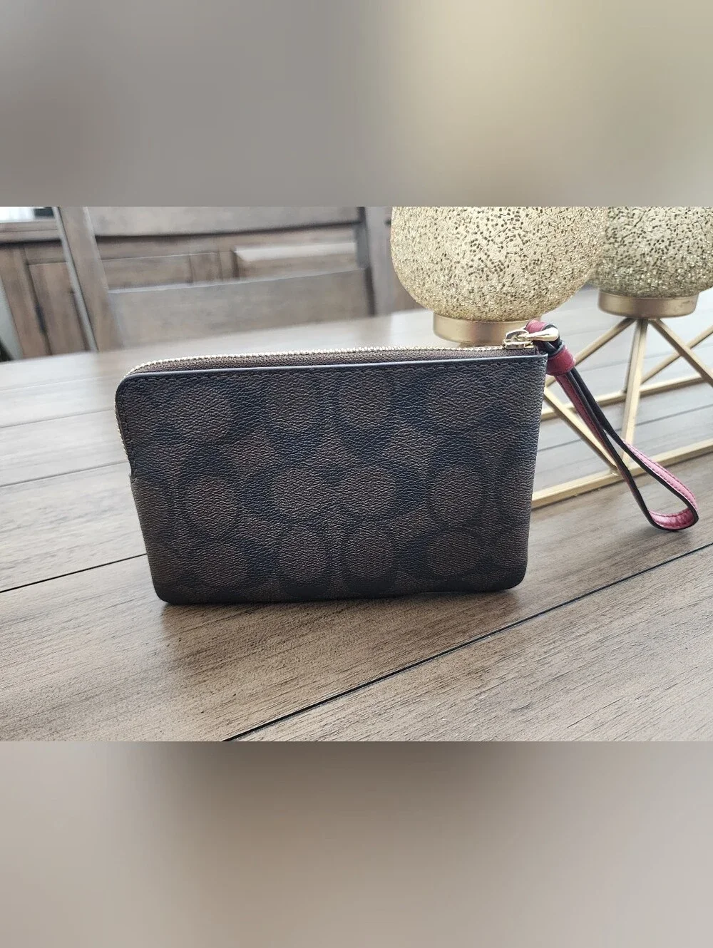 Coach Signature Canvas Wristlet in Brown and Red